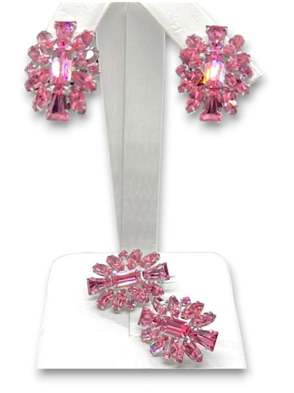 Vintage Bright Pink Faceted Glass Mini Brooches & Matching Screw on Earrings
